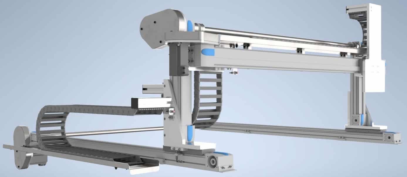 Full-size CAD render of a cartesian gantry handling system