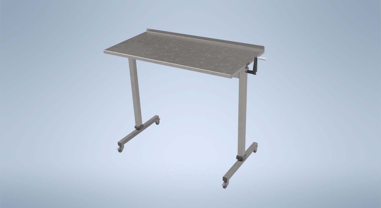 Full-size CAD render of a height-adjustable stainless steel mobile work table