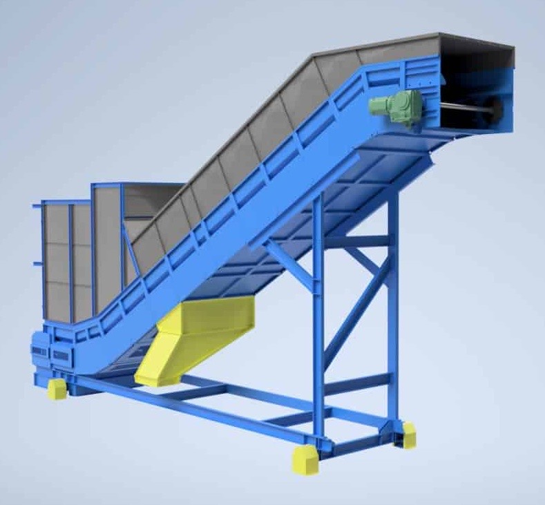 CAD render of an inclined belt conveyor in blue steel with a feed hopper and geared drive unit