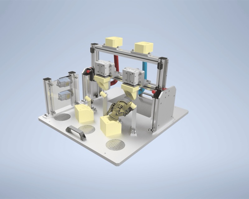 CAD render of a pneumatic clamping and inspection fixture with an aluminium extrusion gantry and acrylic guarding