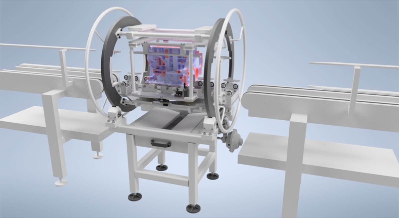 CAD render of a manual inspection jig with rotating cradle rings holding an engine block between roller conveyors