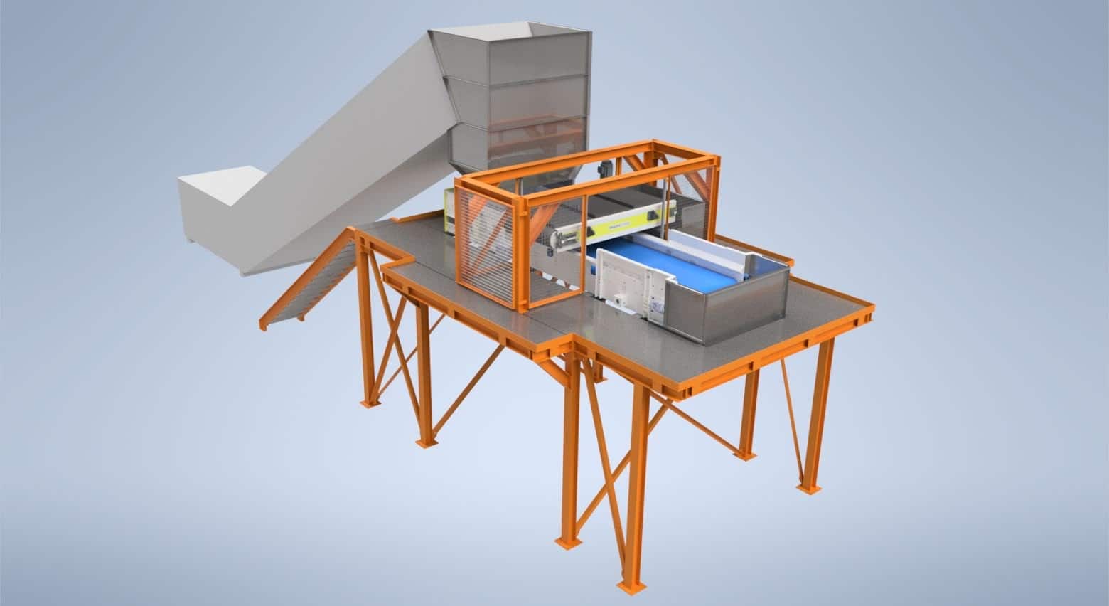 Full-size CAD render of a steel access platform with feed chute and outfeed conveyor